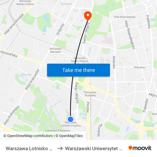 Warszawa Lotnisko Chopina to Warszawski Uniwersytet Medyczny map