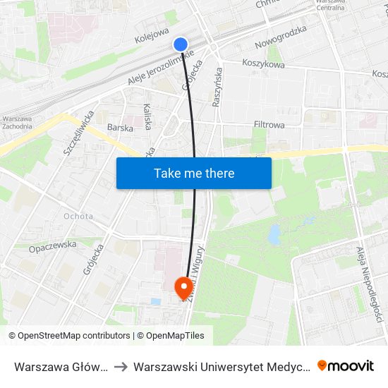 Warszawa Główna to Warszawski Uniwersytet Medyczny map