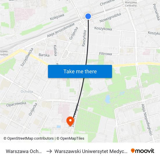 Warszawa Ochota to Warszawski Uniwersytet Medyczny map