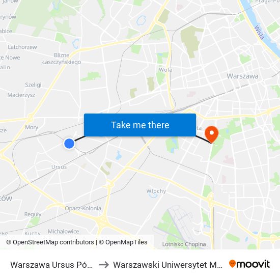 Warszawa Ursus Północny to Warszawski Uniwersytet Medyczny map