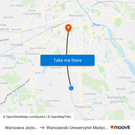 Warszawa Jeziorki to Warszawski Uniwersytet Medyczny map