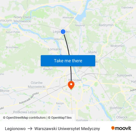 Legionowo to Warszawski Uniwersytet Medyczny map