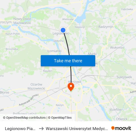 Legionowo Piaski to Warszawski Uniwersytet Medyczny map