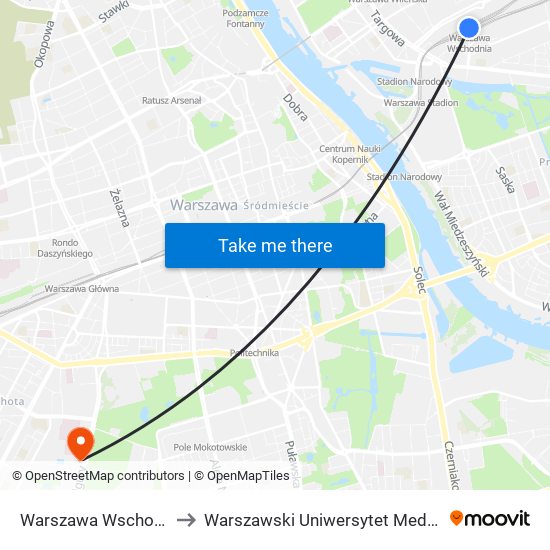 Warszawa Wschodnia to Warszawski Uniwersytet Medyczny map