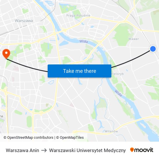 Warszawa Anin to Warszawski Uniwersytet Medyczny map