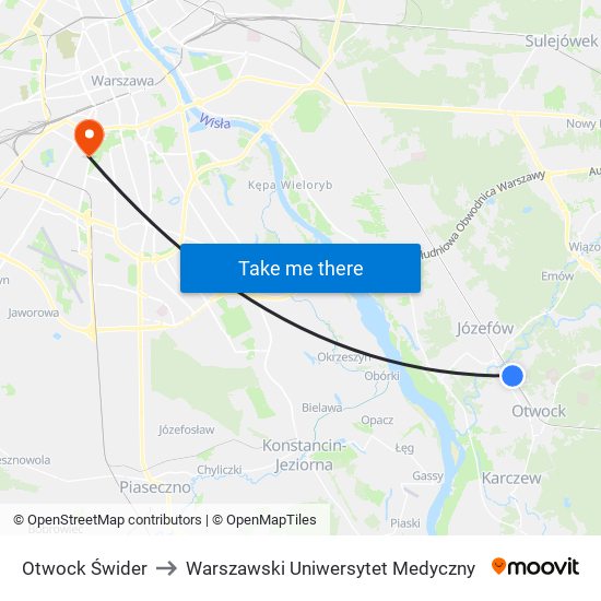 Otwock Świder to Warszawski Uniwersytet Medyczny map