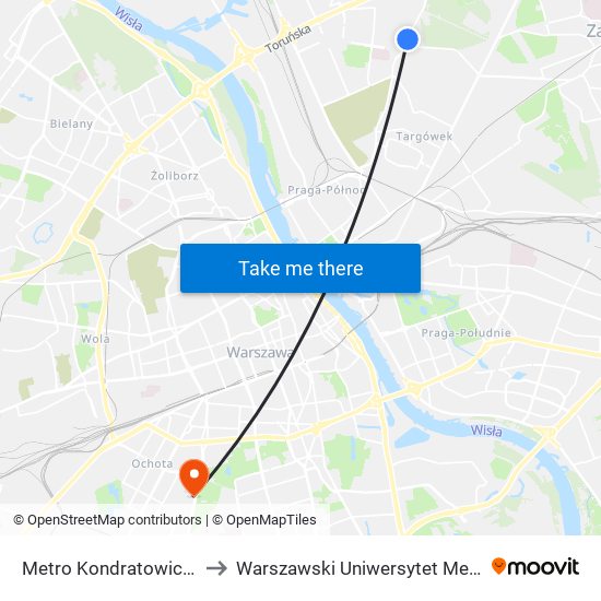 Metro Kondratowicza 06 to Warszawski Uniwersytet Medyczny map