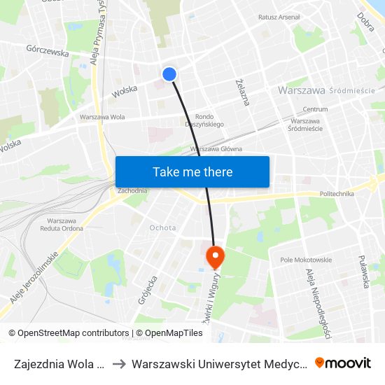 Zajezdnia Wola 03 to Warszawski Uniwersytet Medyczny map