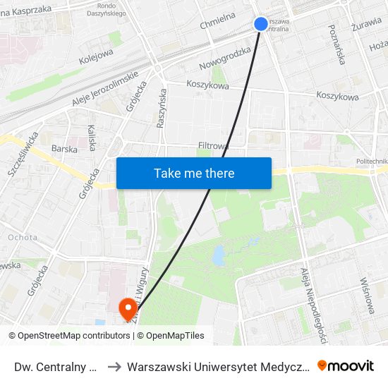 Dw. Centralny to Warszawski Uniwersytet Medyczny map