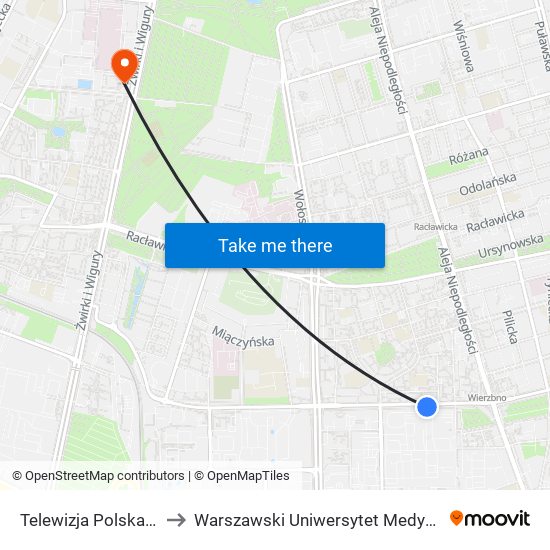 Telewizja Polska 03 to Warszawski Uniwersytet Medyczny map