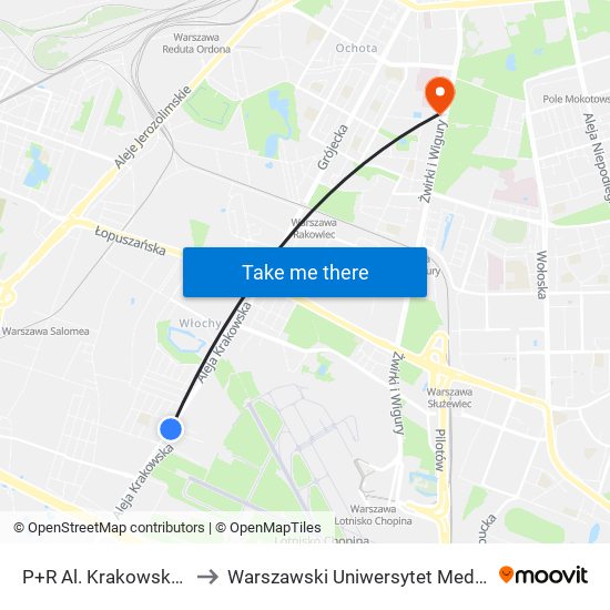 P+R Al. Krakowska 03 to Warszawski Uniwersytet Medyczny map