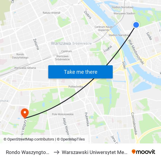 Rondo Waszyngtona 08 to Warszawski Uniwersytet Medyczny map