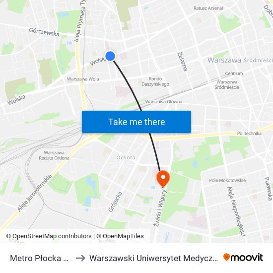 Metro Płocka to Warszawski Uniwersytet Medyczny map