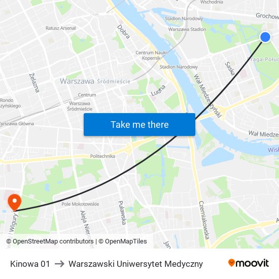 Kinowa to Warszawski Uniwersytet Medyczny map