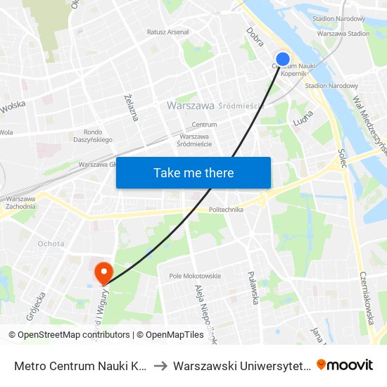 Metro Centrum Nauki Kopernik to Warszawski Uniwersytet Medyczny map