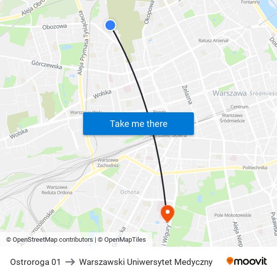 Ostroroga 01 to Warszawski Uniwersytet Medyczny map