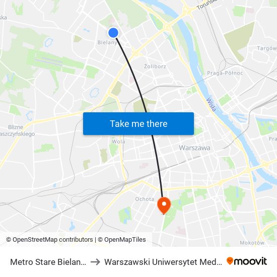 Metro Stare Bielany to Warszawski Uniwersytet Medyczny map