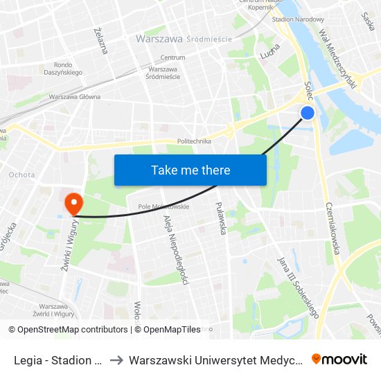 Legia-Stadion to Warszawski Uniwersytet Medyczny map