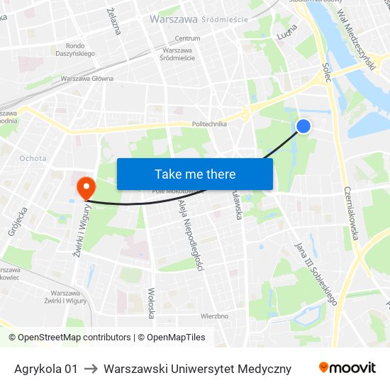 Agrykola 01 to Warszawski Uniwersytet Medyczny map