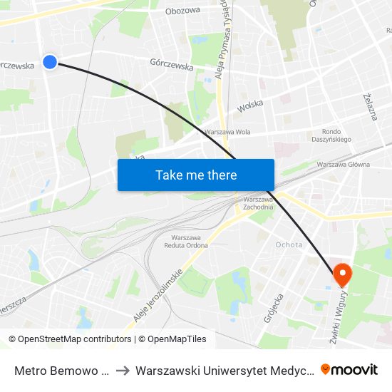 Metro Bemowo to Warszawski Uniwersytet Medyczny map