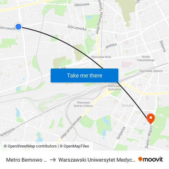 Metro Bemowo 02 to Warszawski Uniwersytet Medyczny map