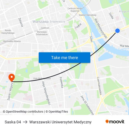 Saska 04 to Warszawski Uniwersytet Medyczny map