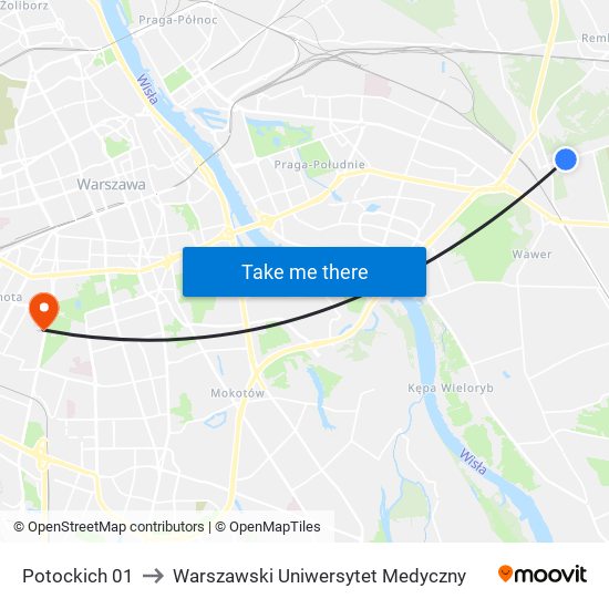 Potockich 01 to Warszawski Uniwersytet Medyczny map