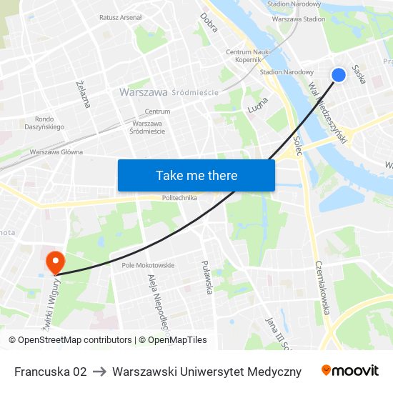 Francuska 02 to Warszawski Uniwersytet Medyczny map