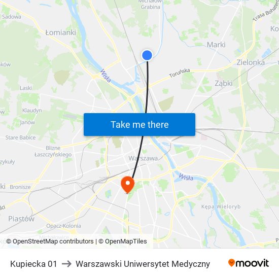 Kupiecka to Warszawski Uniwersytet Medyczny map