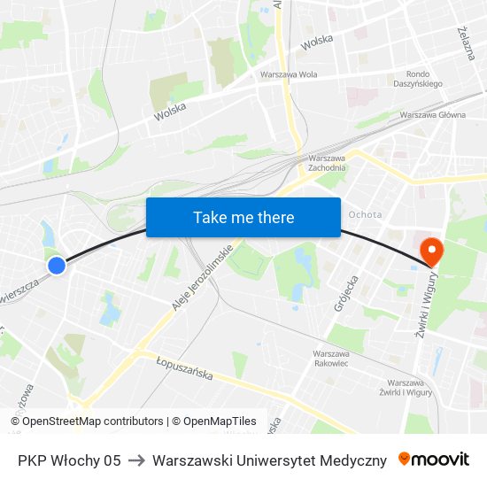 PKP Włochy to Warszawski Uniwersytet Medyczny map