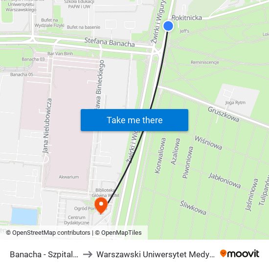 Banacha - Szpital 02 to Warszawski Uniwersytet Medyczny map