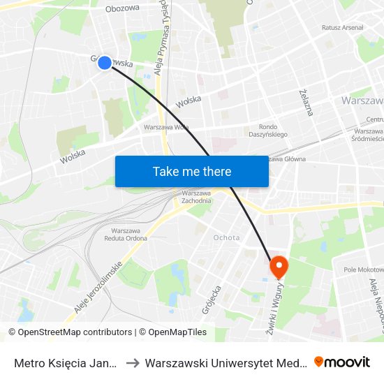 Metro Księcia Janusza 03 to Warszawski Uniwersytet Medyczny map