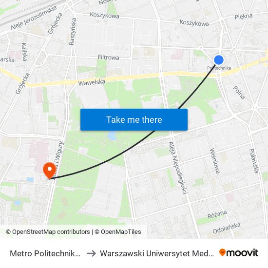 Metro Politechnika 05 to Warszawski Uniwersytet Medyczny map
