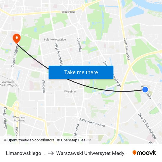 Limanowskiego to Warszawski Uniwersytet Medyczny map
