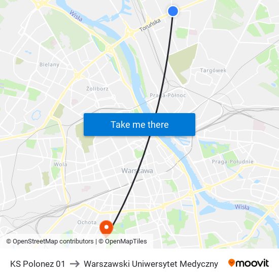 KS Polonez 01 to Warszawski Uniwersytet Medyczny map