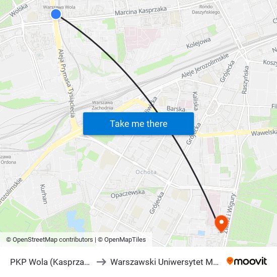 PKP Wola (Kasprzaka) to Warszawski Uniwersytet Medyczny map