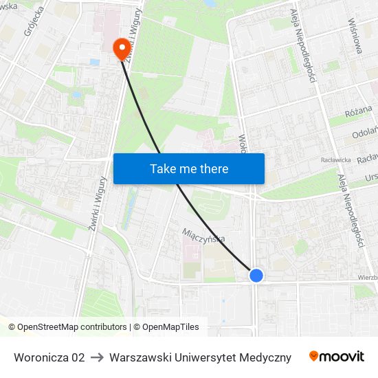 Woronicza to Warszawski Uniwersytet Medyczny map