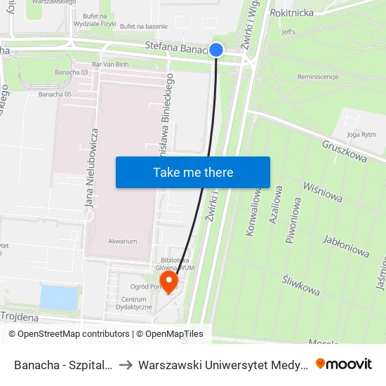 Banacha - Szpital 04 to Warszawski Uniwersytet Medyczny map