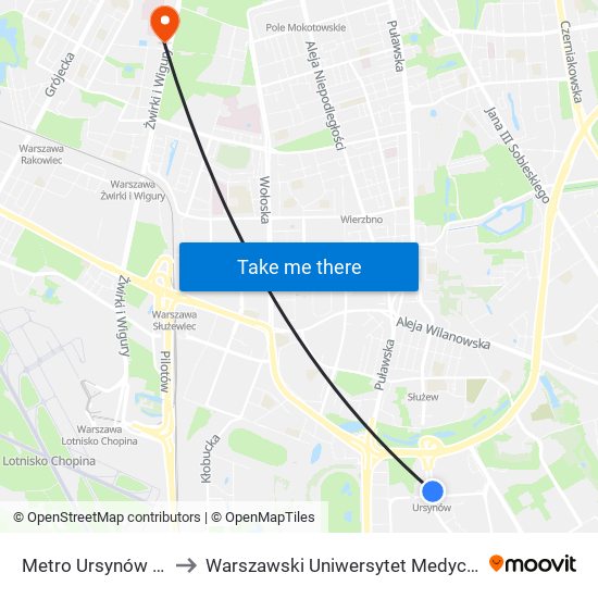 Metro Ursynów to Warszawski Uniwersytet Medyczny map