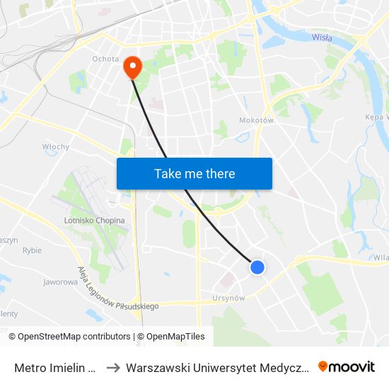 Metro Imielin to Warszawski Uniwersytet Medyczny map