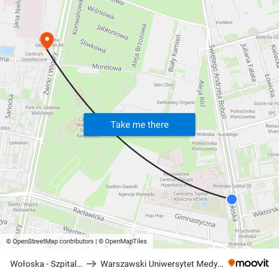 Wołoska - Szpital 01 to Warszawski Uniwersytet Medyczny map