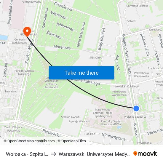 Wołoska - Szpital 02 to Warszawski Uniwersytet Medyczny map