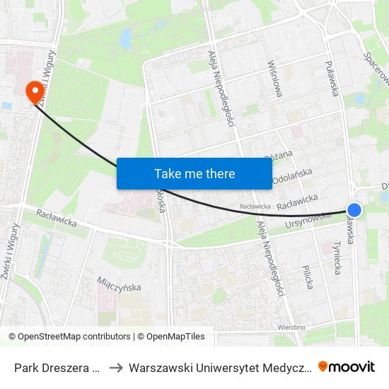 Park Dreszera to Warszawski Uniwersytet Medyczny map