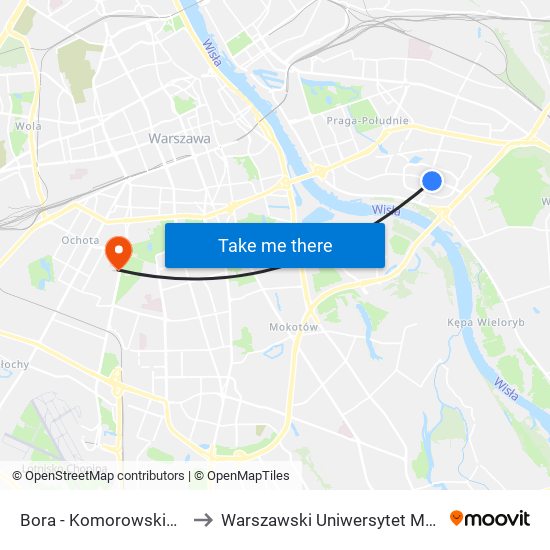Bora - Komorowskiego 01 to Warszawski Uniwersytet Medyczny map