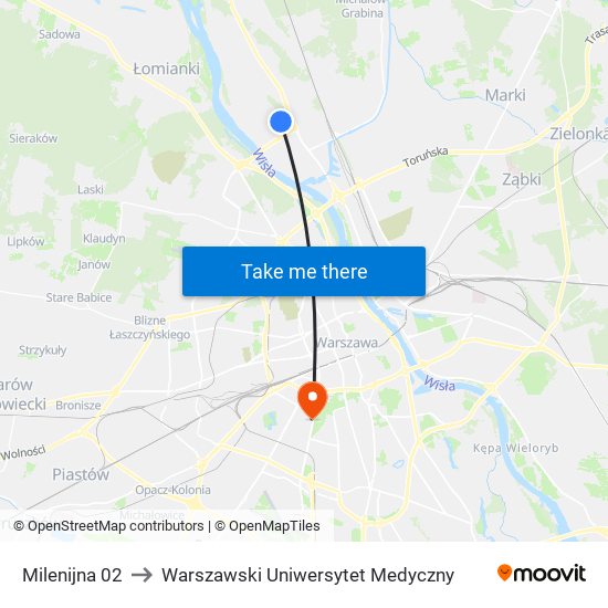 Milenijna 02 to Warszawski Uniwersytet Medyczny map