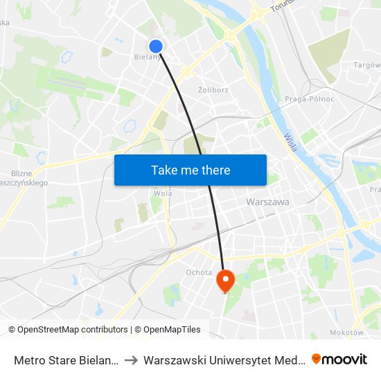Metro Stare Bielany 01 to Warszawski Uniwersytet Medyczny map