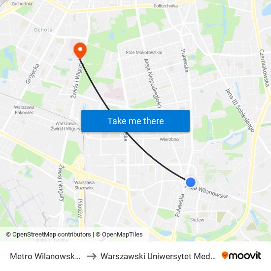 Metro Wilanowska 15 to Warszawski Uniwersytet Medyczny map