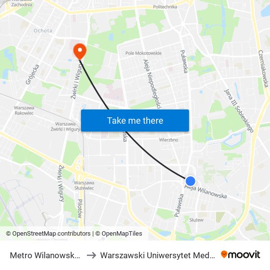 Metro Wilanowska 18 to Warszawski Uniwersytet Medyczny map