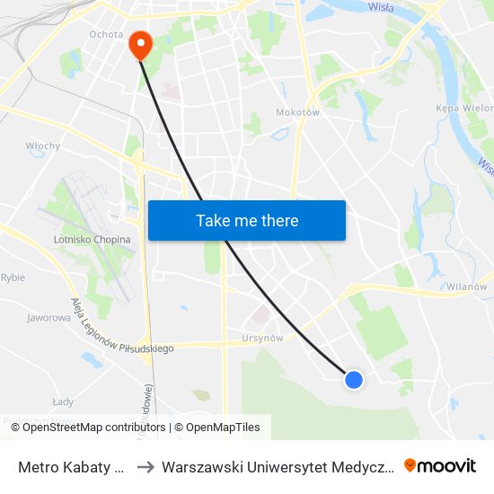 Metro Kabaty 03 to Warszawski Uniwersytet Medyczny map