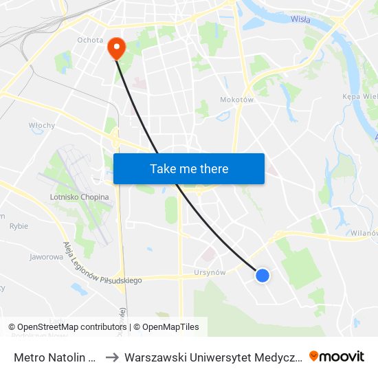 Metro Natolin 01 to Warszawski Uniwersytet Medyczny map